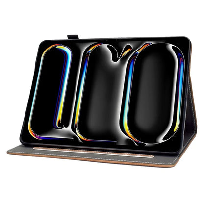 For iPad Pro 11 (2024) Cowhide Texture PU Leather Stand Tablet Case Card Holder Cover with Pen Holder Loop