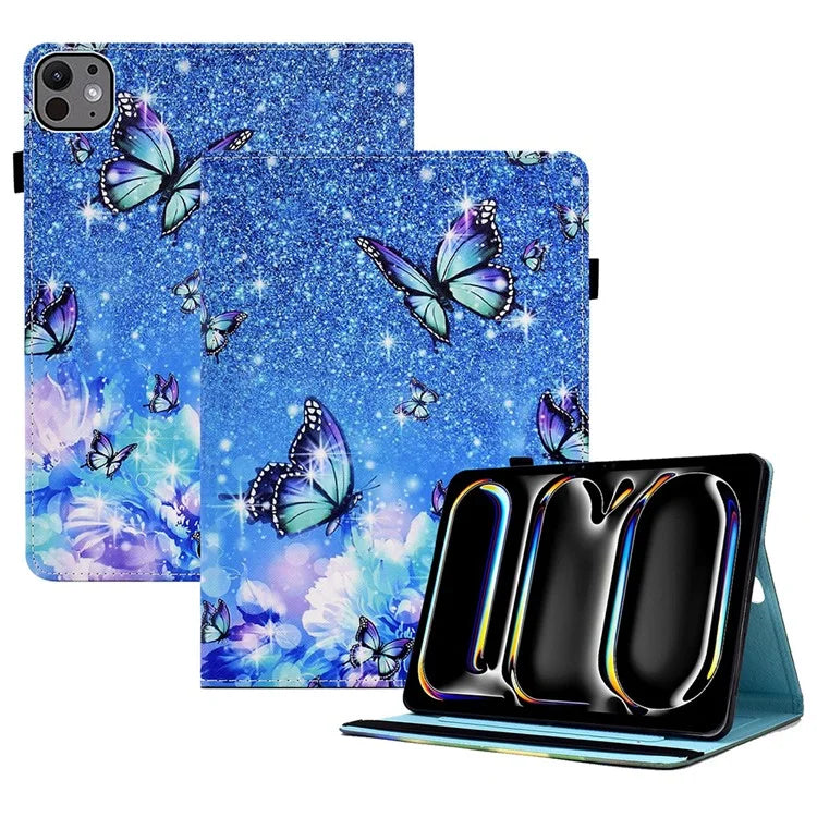 For iPad Pro 11 (2024) Leather Tablet Case Pattern Printing Elastic Band Cover with Card Slots and Butterfly