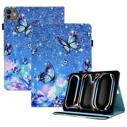 For iPad Pro 11 (2024) Leather Tablet Case Pattern Printing Elastic Band Cover with Card Slots and Butterfly