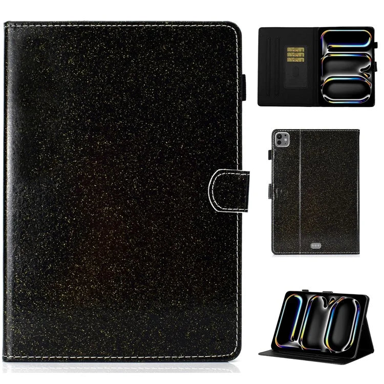 For iPad Pro 11 (2024) Case Card Slot Stand Glittery PU Leather Tablet Cover