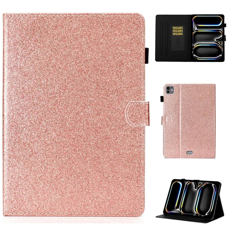 For iPad Pro 11 (2024) Case Card Slot Stand Glittery PU Leather Tablet Cover