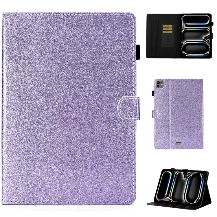 For iPad Pro 11 (2024) Case Card Slot Stand Glittery PU Leather Tablet Cover