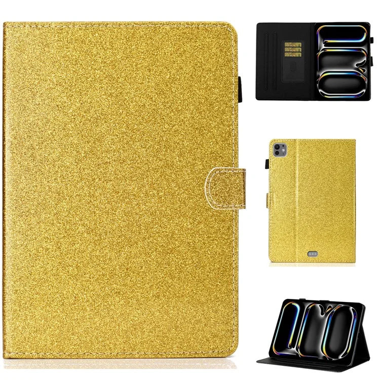 For iPad Pro 11 (2024) Case Card Slot Stand Glittery PU Leather Tablet Cover