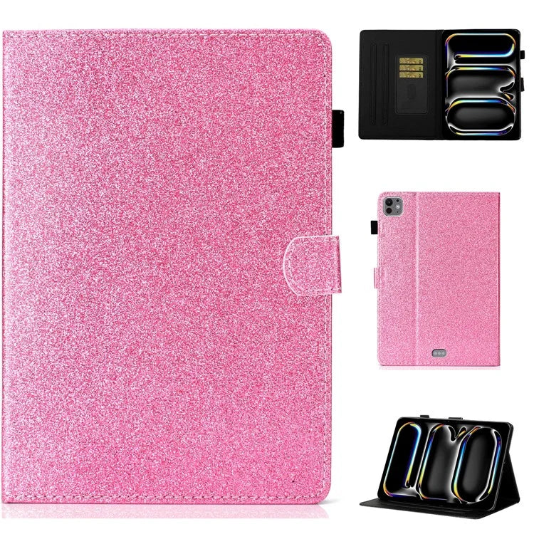 For iPad Pro 11 (2024) Case Card Slot Stand Glittery PU Leather Tablet Cover