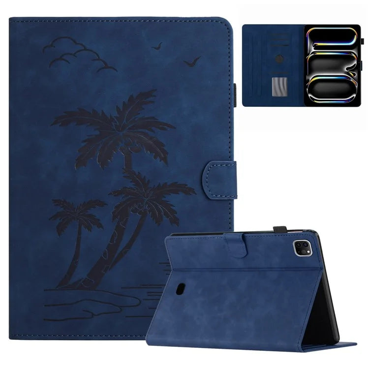For iPad Pro 11 (2024) Case with Card Slots PU Leather Coconut Tree Smart Tablet Cover