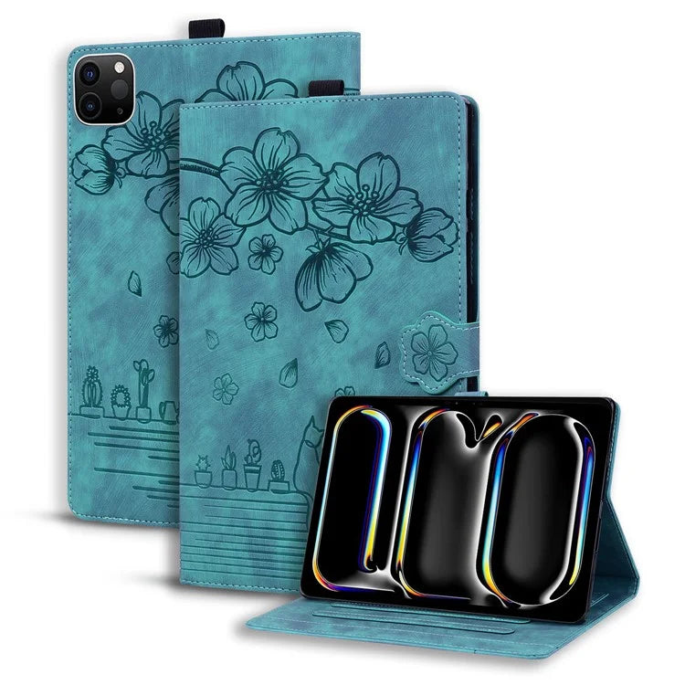 For iPad Pro 11 (2024) Case Card Slots Leather Tablet Cover Imprinted Flower Cat Pattern