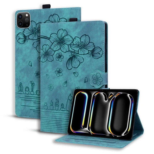 For iPad Pro 11 (2024) Case Card Slots Leather Tablet Cover Imprinted Flower Cat Pattern