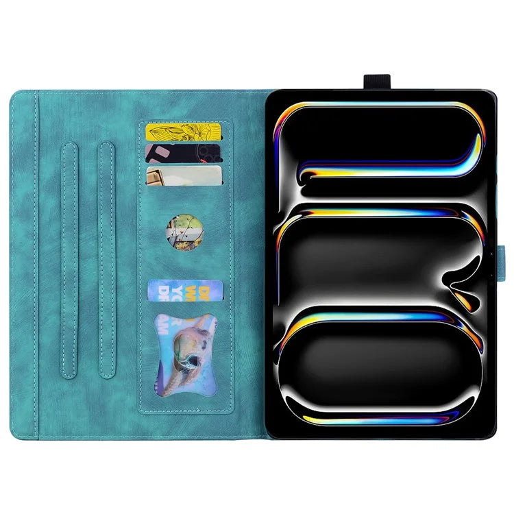 For iPad Pro 11 (2024) Case Card Slots Leather Tablet Cover Imprinted Flower Cat Pattern