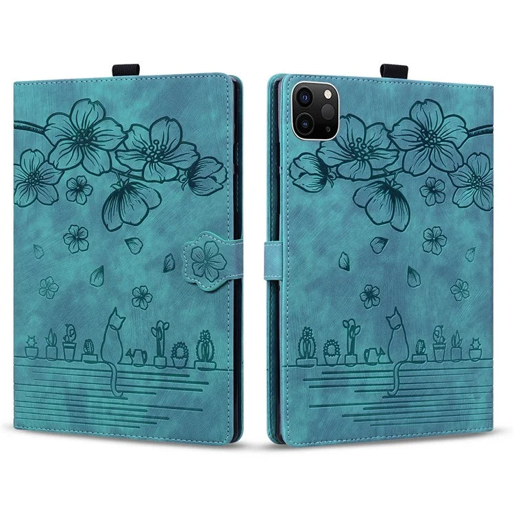 For iPad Pro 11 (2024) Case Card Slots Leather Tablet Cover Imprinted Flower Cat Pattern