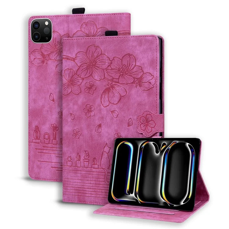 For iPad Pro 11 (2024) Case Card Slots Leather Tablet Cover Imprinted Flower Cat Pattern