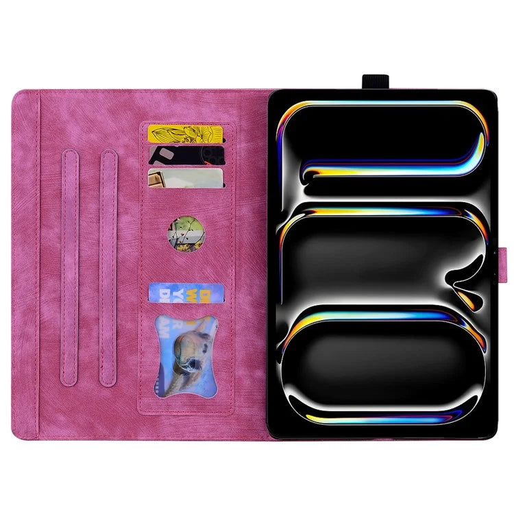 For iPad Pro 11 (2024) Case Card Slots Leather Tablet Cover Imprinted Flower Cat Pattern