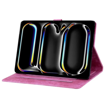For iPad Pro 11 (2024) Case Card Slots Leather Tablet Cover Imprinted Flower Cat Pattern
