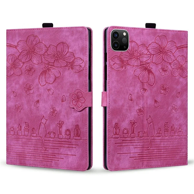 For iPad Pro 11 (2024) Case Card Slots Leather Tablet Cover Imprinted Flower Cat Pattern