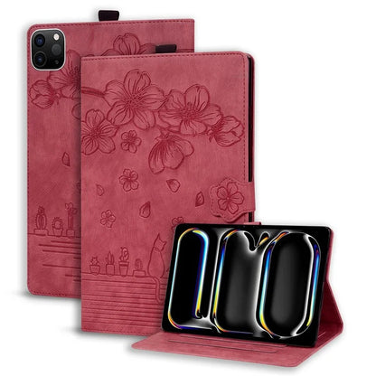 For iPad Pro 11 (2024) Case Card Slots Leather Tablet Cover Imprinted Flower Cat Pattern