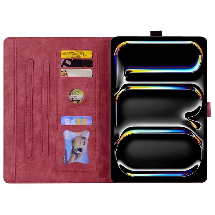 For iPad Pro 11 (2024) Case Card Slots Leather Tablet Cover Imprinted Flower Cat Pattern