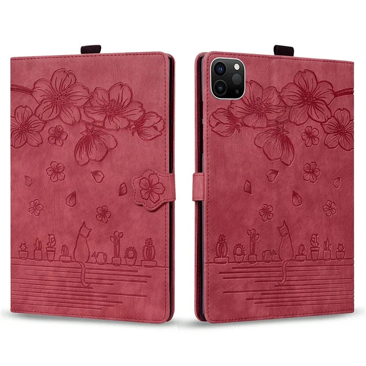 For iPad Pro 11 (2024) Case Card Slots Leather Tablet Cover Imprinted Flower Cat Pattern