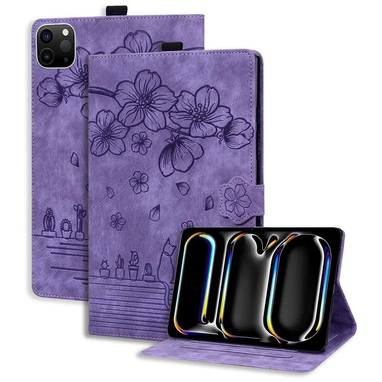 For iPad Pro 11 (2024) Case Card Slots Leather Tablet Cover Imprinted Flower Cat Pattern