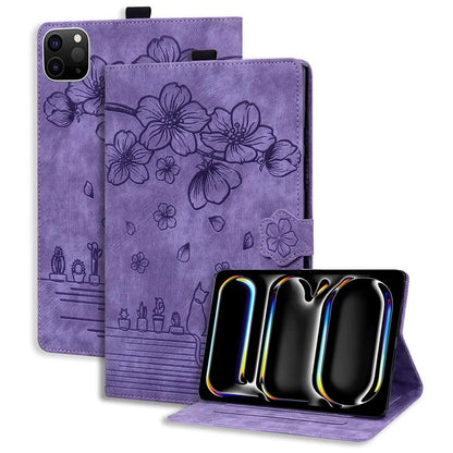 For iPad Pro 11 (2024) Case Card Slots Leather Tablet Cover Imprinted Flower Cat Pattern