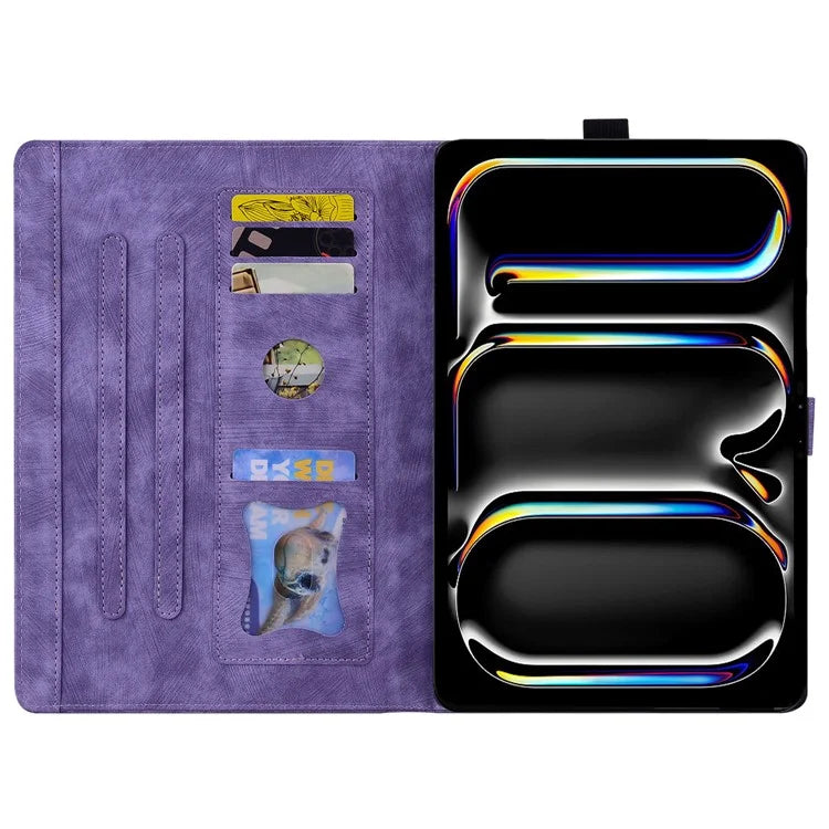 For iPad Pro 11 (2024) Case Card Slots Leather Tablet Cover Imprinted Flower Cat Pattern