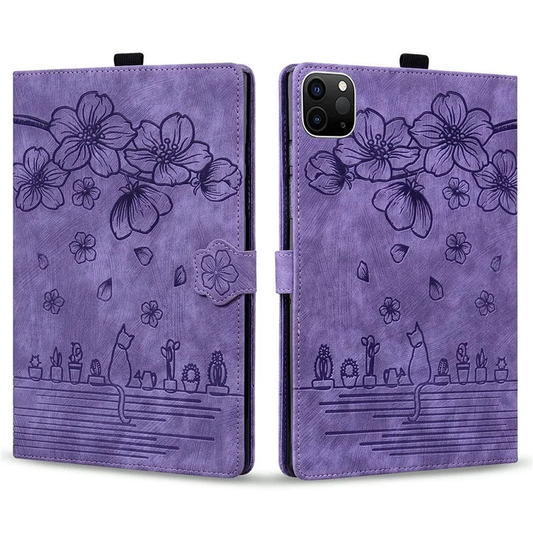 For iPad Pro 11 (2024) Case Card Slots Leather Tablet Cover Imprinted Flower Cat Pattern
