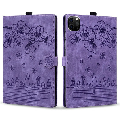 For iPad Pro 11 (2024) Case Card Slots Leather Tablet Cover Imprinted Flower Cat Pattern