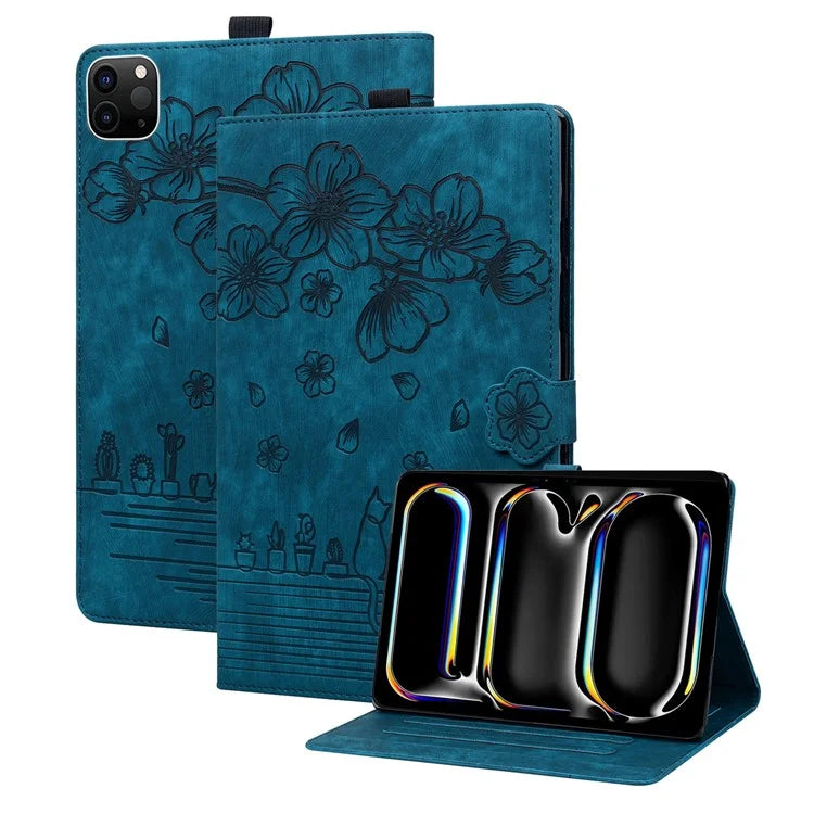 For iPad Pro 11 (2024) Case Card Slots Leather Tablet Cover Imprinted Flower Cat Pattern