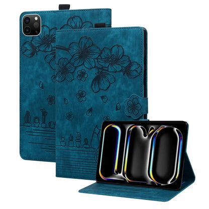 For iPad Pro 11 (2024) Case Card Slots Leather Tablet Cover Imprinted Flower Cat Pattern