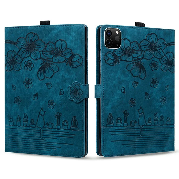 For iPad Pro 11 (2024) Case Card Slots Leather Tablet Cover Imprinted Flower Cat Pattern