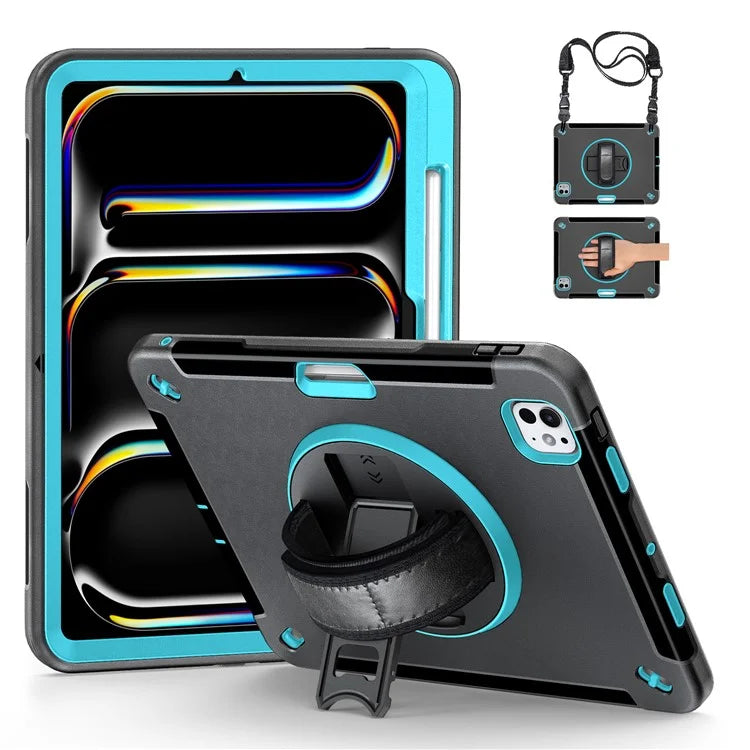 For iPad Pro 11 (2024) Case Kickstand Pen Slot PC + TPU Tablet Cover with Shoulder Strap