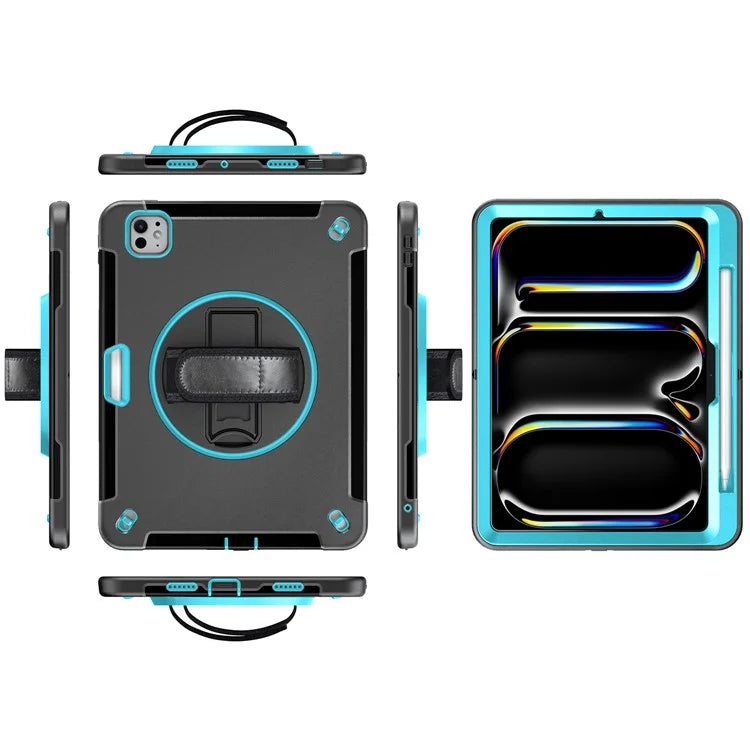 For iPad Pro 11 (2024) Case Kickstand Pen Slot PC + TPU Tablet Cover with Shoulder Strap