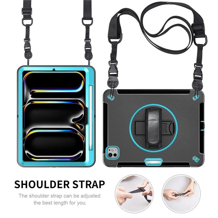 For iPad Pro 11 (2024) Case Kickstand Pen Slot PC + TPU Tablet Cover with Shoulder Strap