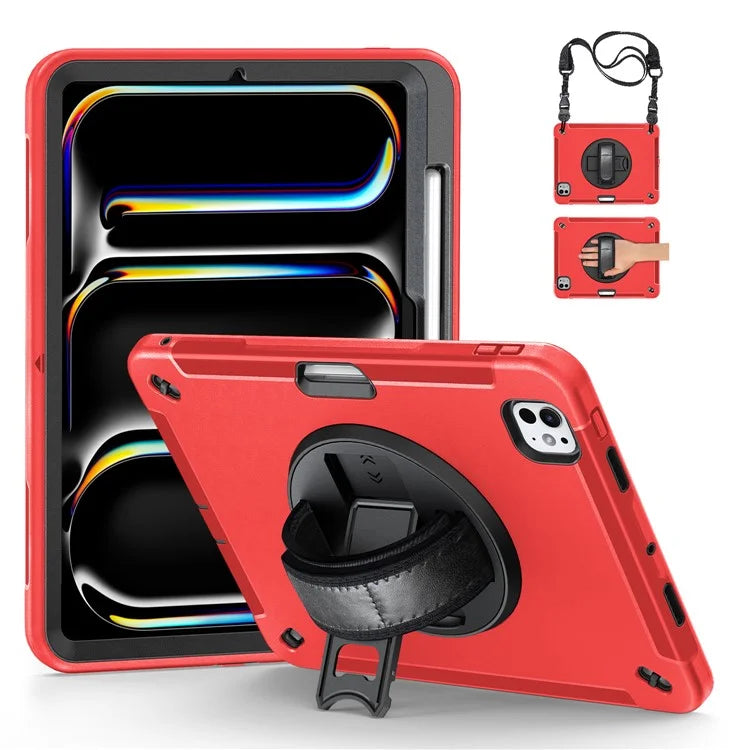 For iPad Pro 11 (2024) Case Kickstand Pen Slot PC + TPU Tablet Cover with Shoulder Strap