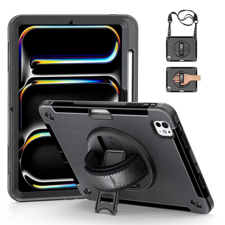 For iPad Pro 11 (2024) Case Kickstand Pen Slot PC + TPU Tablet Cover with Shoulder Strap