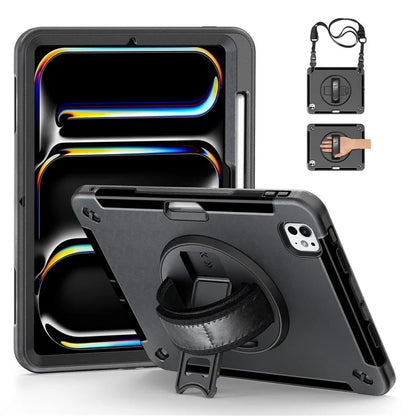 For iPad Pro 11 (2024) Case Kickstand Pen Slot PC + TPU Tablet Cover with Shoulder Strap