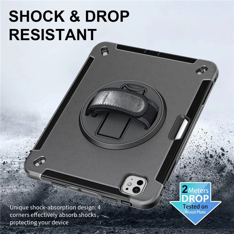 For iPad Pro 11 (2024) Case Kickstand Pen Slot PC + TPU Tablet Cover with Shoulder Strap