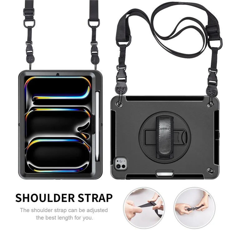 For iPad Pro 11 (2024) Case Kickstand Pen Slot PC + TPU Tablet Cover with Shoulder Strap