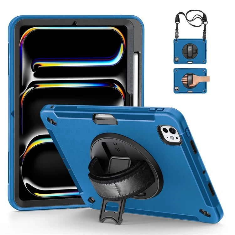 For iPad Pro 11 (2024) Case Kickstand Pen Slot PC + TPU Tablet Cover with Shoulder Strap