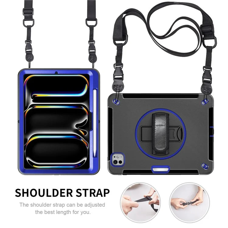 For iPad Pro 11 (2024) Case Kickstand Pen Slot PC + TPU Tablet Cover with Shoulder Strap
