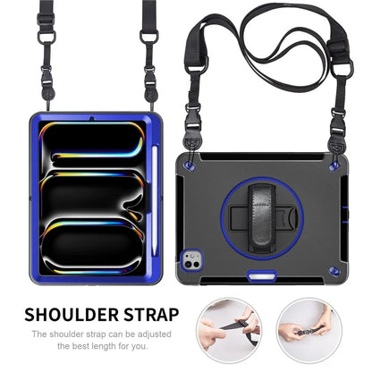 For iPad Pro 11 (2024) Case Kickstand Pen Slot PC + TPU Tablet Cover with Shoulder Strap