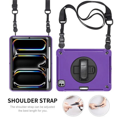 For iPad Pro 11 (2024) Case Kickstand Pen Slot PC + TPU Tablet Cover with Shoulder Strap