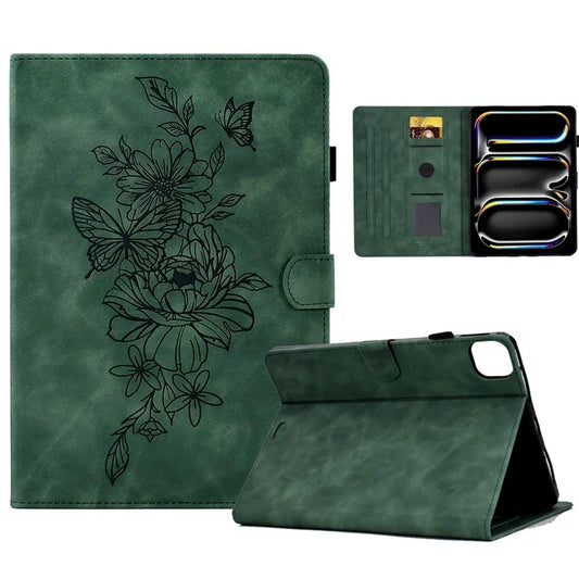 A4 For iPad Pro 11 (2024) Case Flower Butterfly Imprinted Card Slots Leather Cover