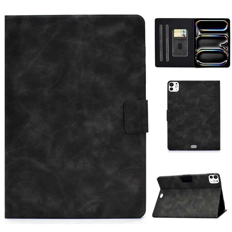 For iPad Pro 11 (2024) Case Cowhide Texture Leather Tablet Cover Multi-Angle Viewing