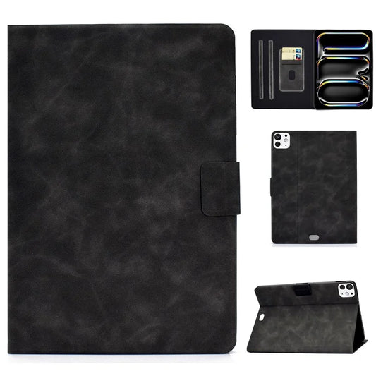 For iPad Pro 11 (2024) Case Cowhide Texture Leather Tablet Cover Multi-Angle Viewing