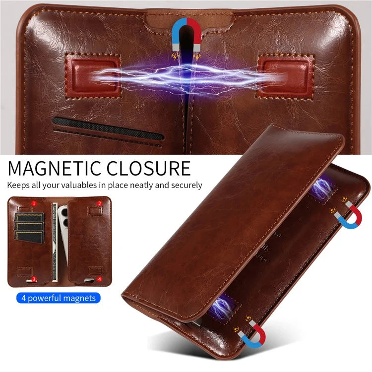 15.7x9cm Universal PU Leather Dual Phone Pouch with Magnetic Closure,  3 Card Slots, Charging Port Access