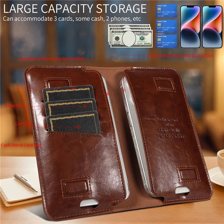 15.7x9cm Universal PU Leather Dual Phone Pouch with Magnetic Closure,  3 Card Slots, Charging Port Access
