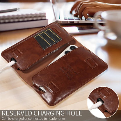 15.7x9cm Universal PU Leather Dual Phone Pouch with Magnetic Closure,  3 Card Slots, Charging Port Access