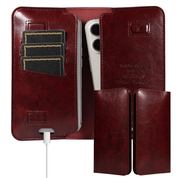 15.7x9cm Universal PU Leather Dual Phone Pouch with Magnetic Closure,  3 Card Slots, Charging Port Access