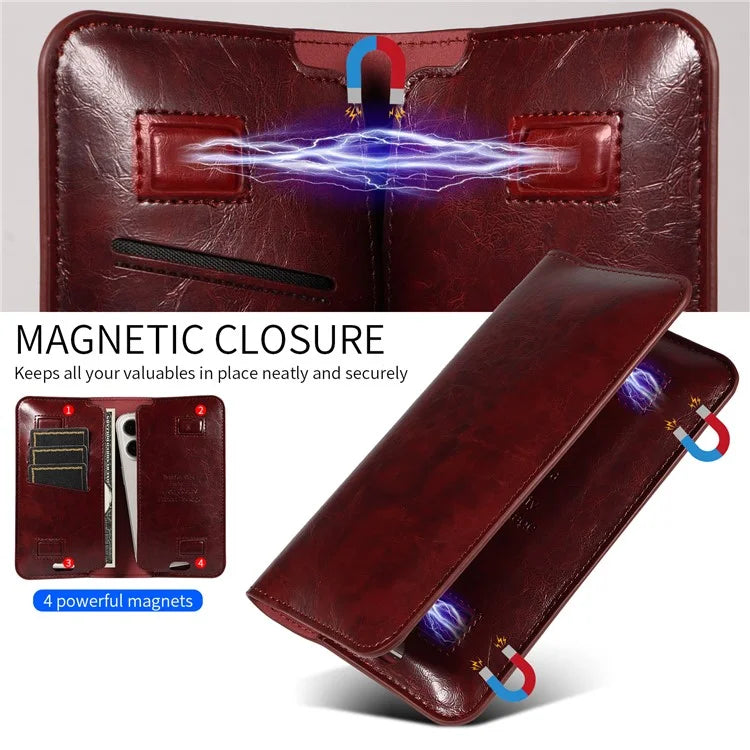 15.7x9cm Universal PU Leather Dual Phone Pouch with Magnetic Closure,  3 Card Slots, Charging Port Access
