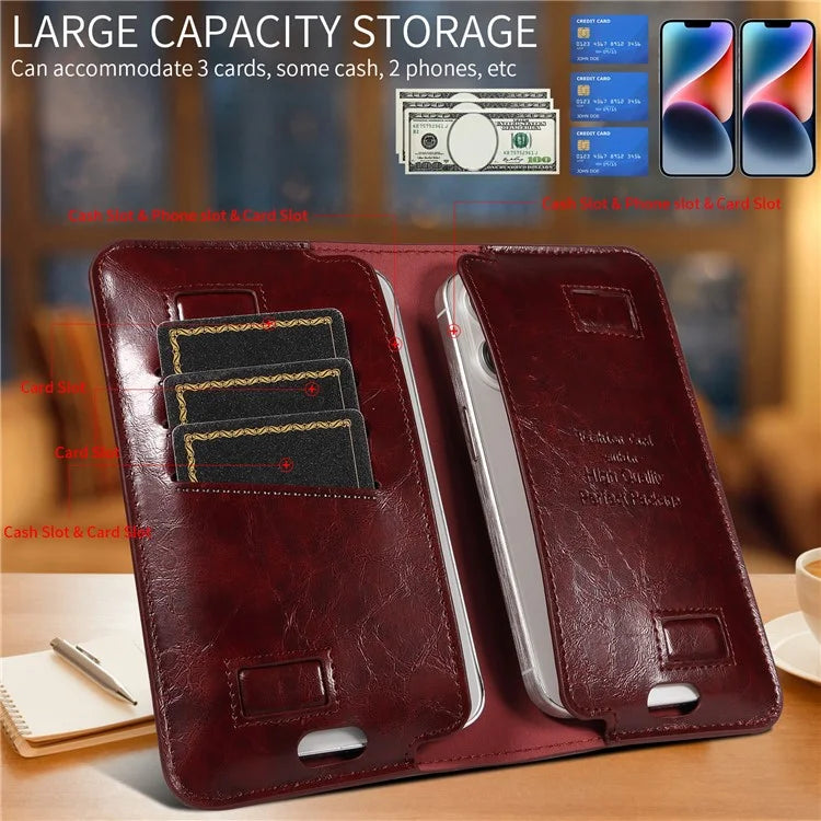 15.7x9cm Universal PU Leather Dual Phone Pouch with Magnetic Closure,  3 Card Slots, Charging Port Access