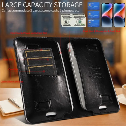 17.5x9cm Universal PU Leather Dual Phone Pouch with Magnetic Closure,  3 Card Slots, Charging Port Access